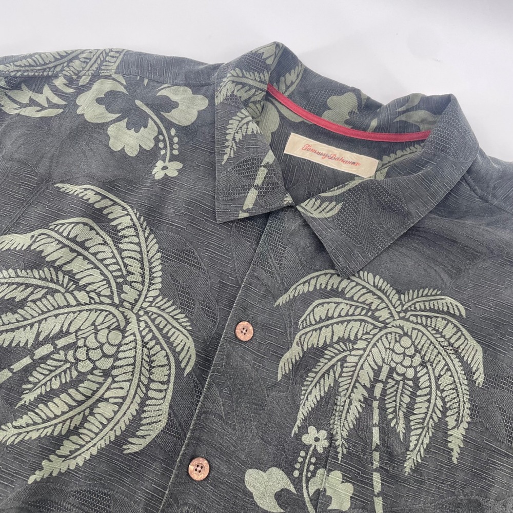 Tommy Bahama Button Down Mens XL Gray Silk Palm Tree Hibiscus Tropical Shirt